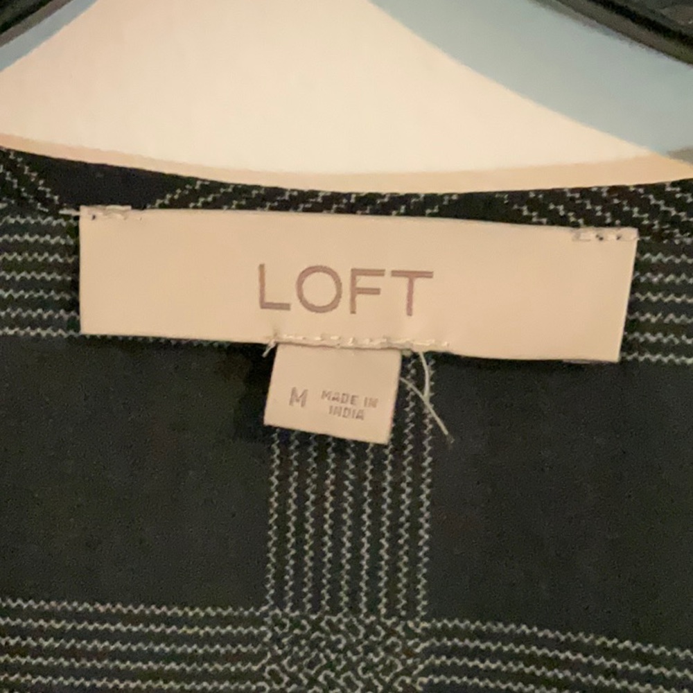 Loft Blouse Plaid Print Grey White Puff Sleeve Ruffle Bowes Size Medium - Picture 6 of 6